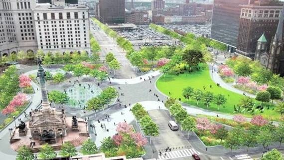 This is an aerial image of Cleveland's Public Square