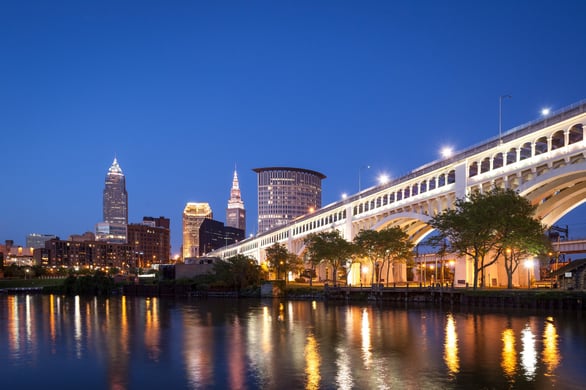 This is an image of the downtown Cleveland skyline at night
