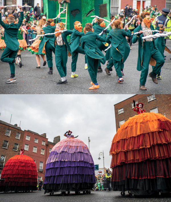 Two images of a St. Patrick's Day parade in Dublin, Ireland