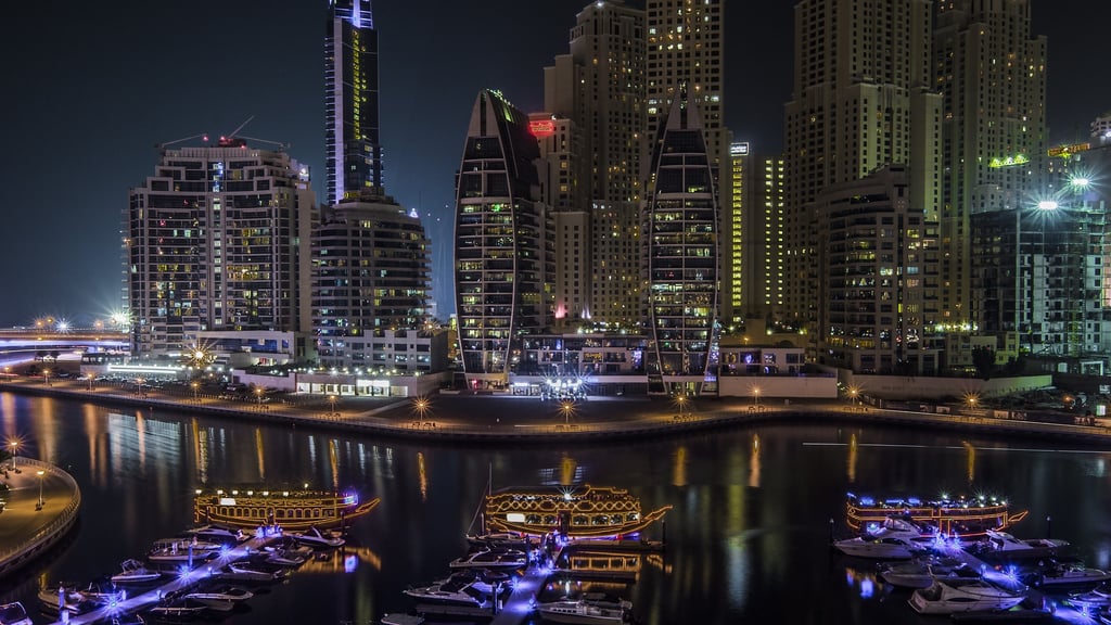 Image of the Dubai, UAE marina at night