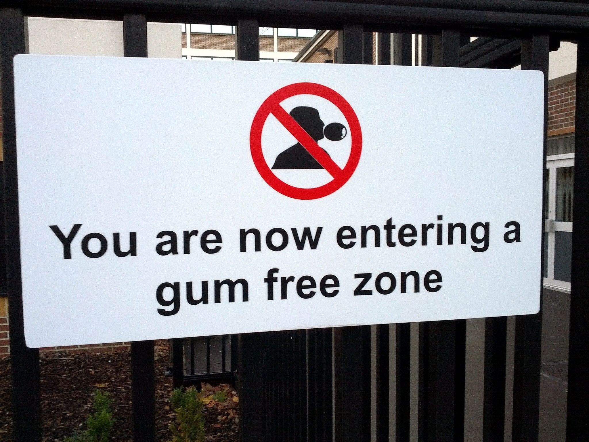 photo of a sign with the text "you are now entering a gum free zone"