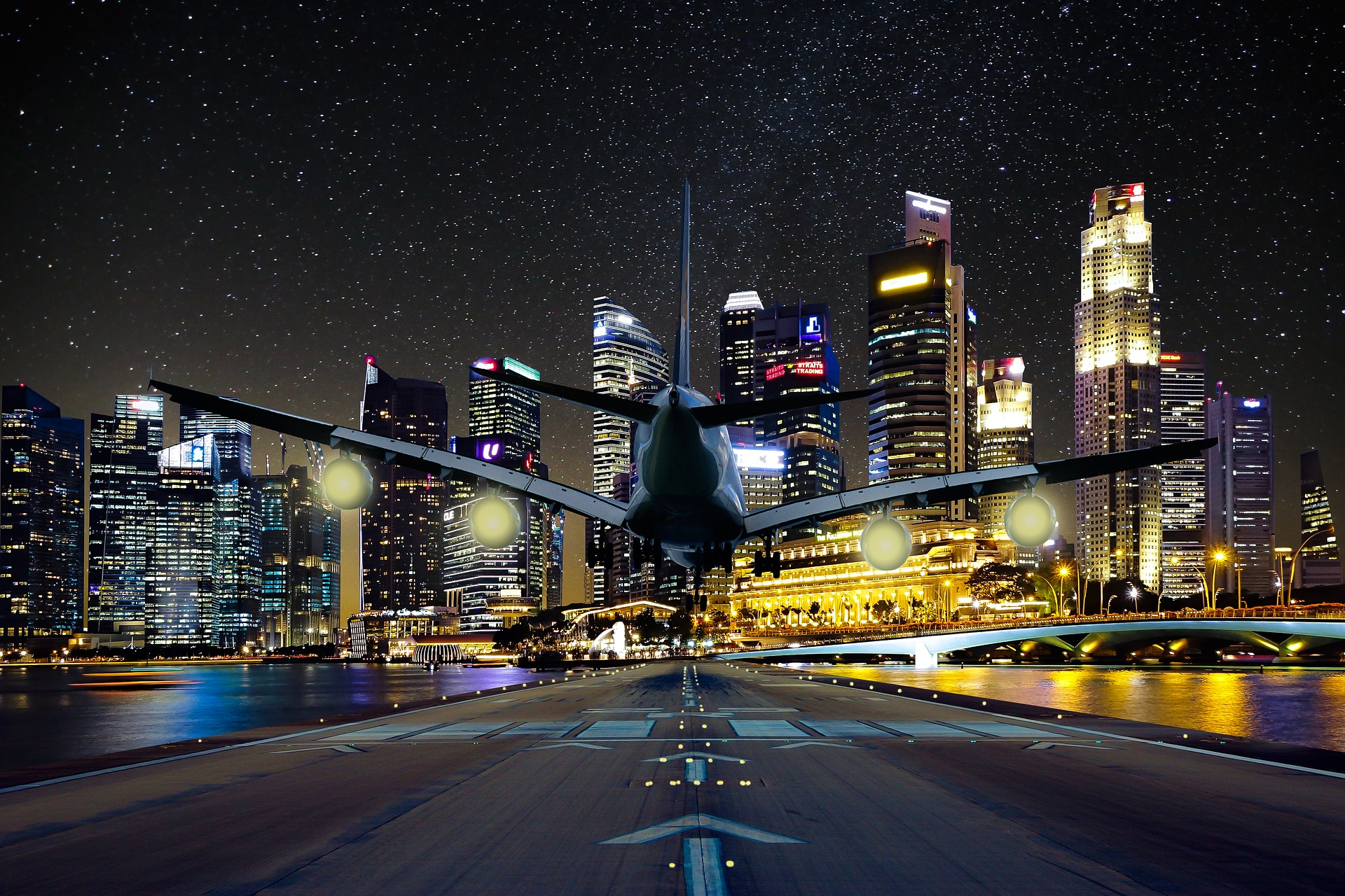 Image of an airplane with a city backdrop