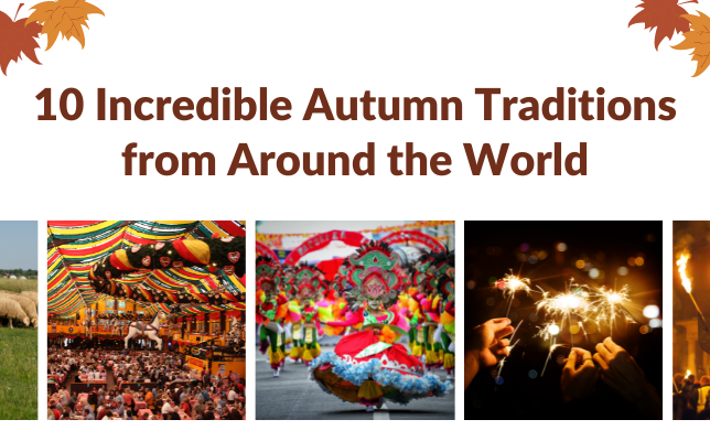  Different pictures of fall celebrations around the world with the blog title, 
