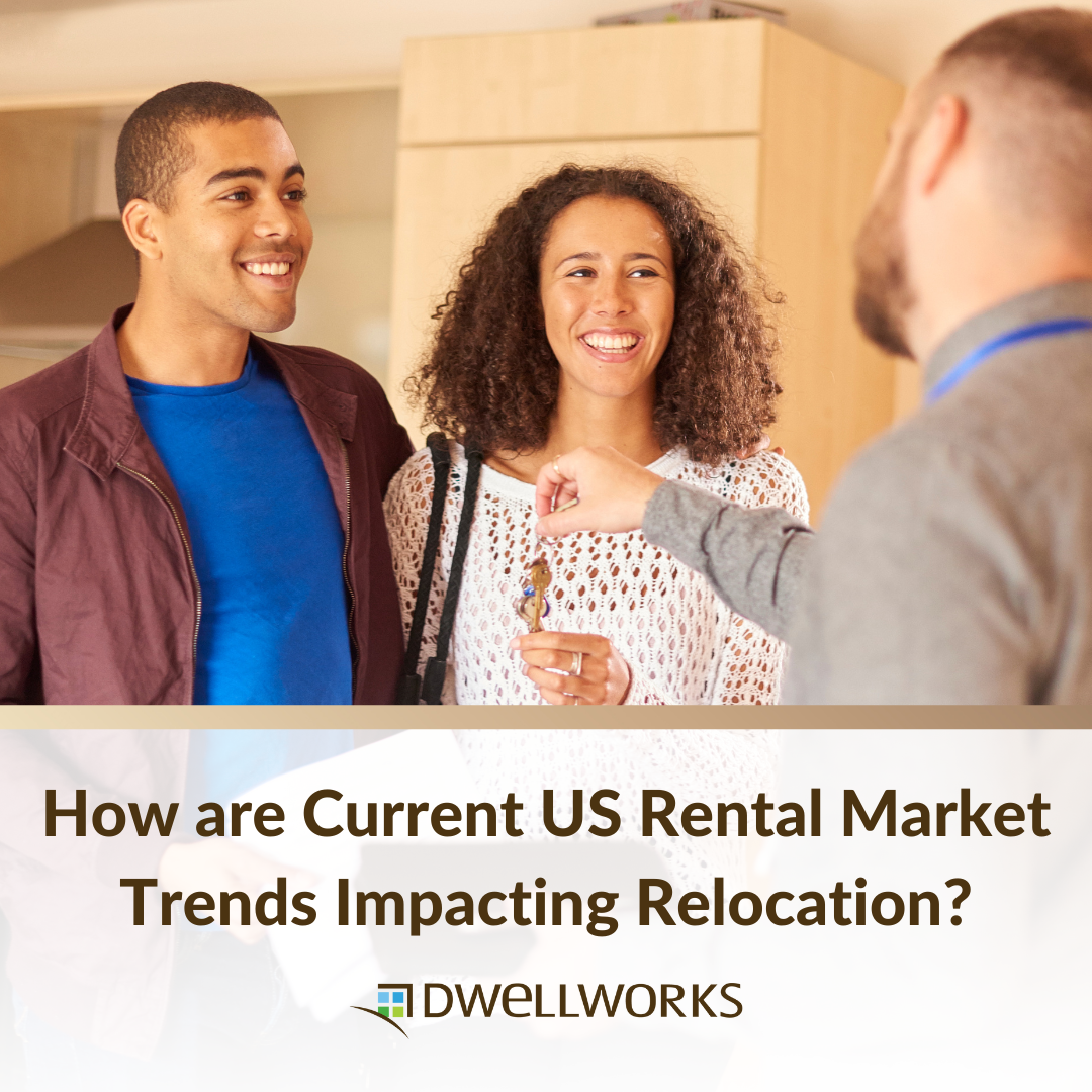  A man and woman speak with a relocation agent about relocation and rental trends in the U.S. with a banner of the blog title at the bottom.